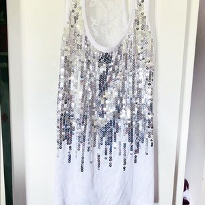 White Sequin Tank Top with Lace Back